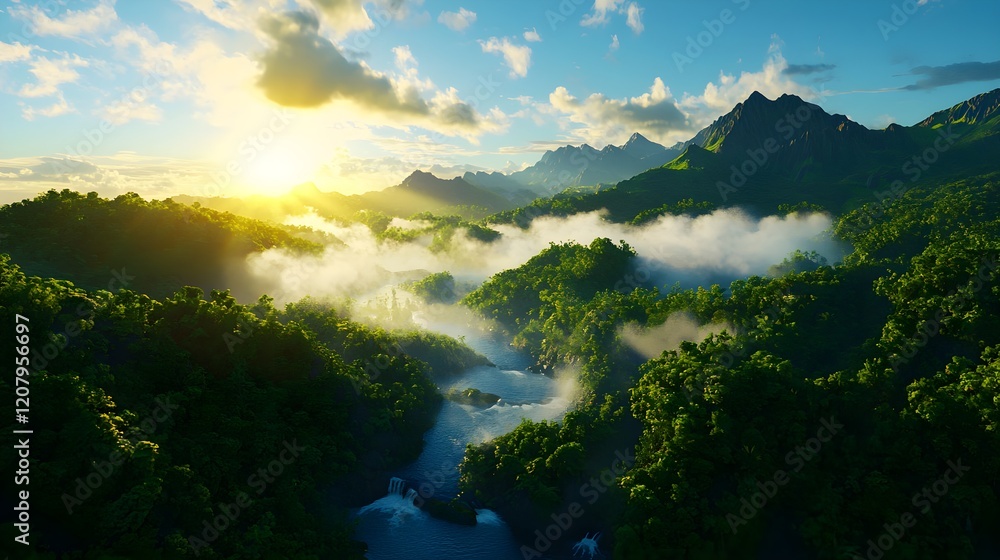 Fototapeta premium Serene Sunrise Over Misty Mountain Valley in Lush Green Landscape
