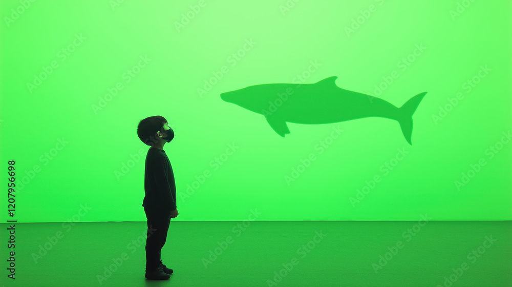 Whale Shadow on Green Background with Child in Side Profile Wearing Black and Masked for Whale Watching Experience and Environmental Awareness Conceptual Stock Photo for Marketing and Design Whale Shadow on Green Background with Child in Side Profile Wearing Black and Masked for Whale Watching Experience and Environmental Awareness Conceptual Stock Photo for Marketing and Design