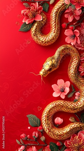 Wallpaper Mural A golden snake entwines with pink flowers against a vibrant red background, symbolizing prosperity and fortune. Torontodigital.ca