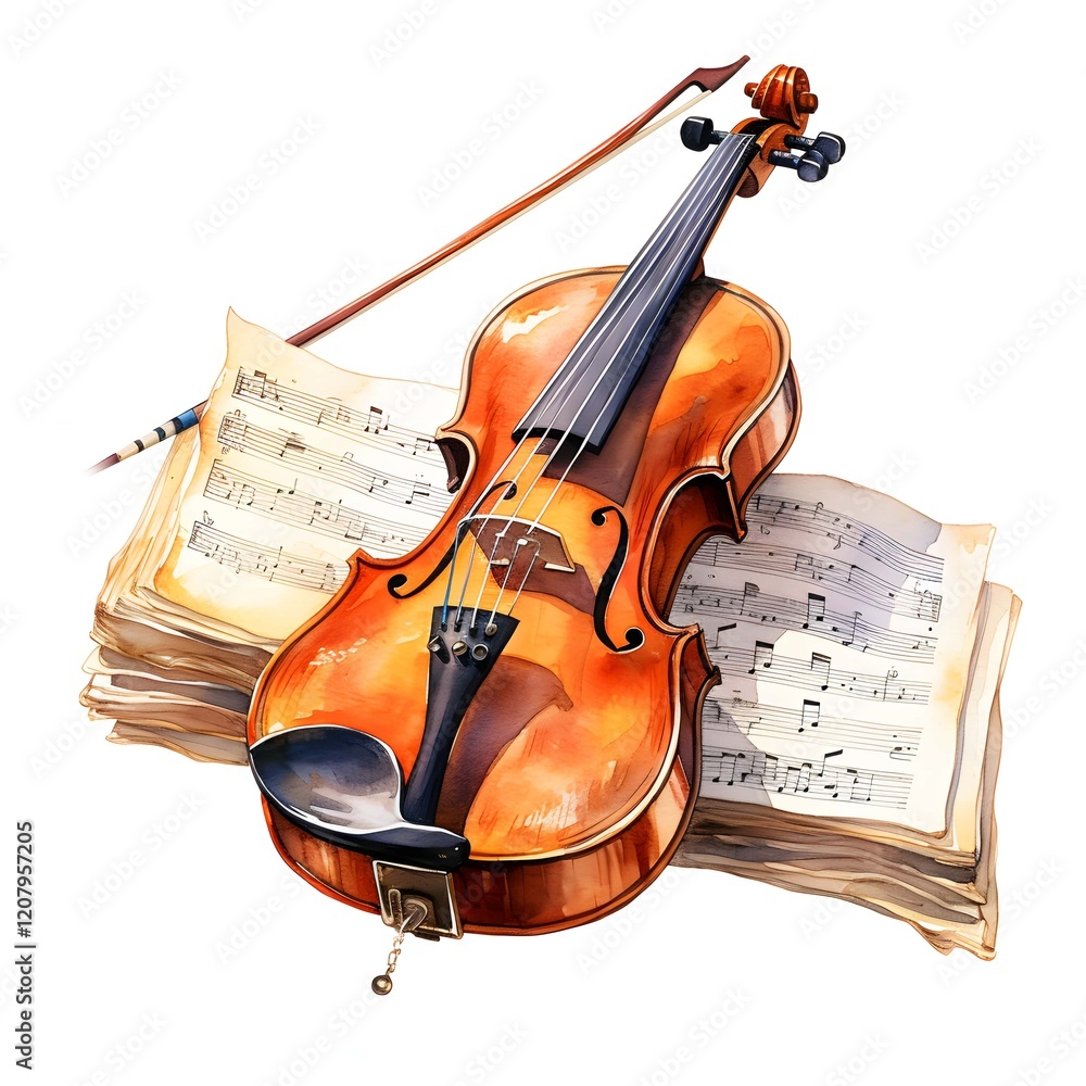 Fototapeta premium Violin With Music Sheets clipart. Watercolor illustration. Watercolor-Style Digital Design illustration