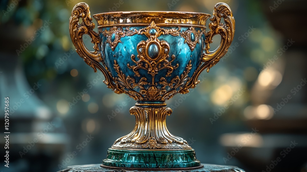 Exquisite ornate golden trophy with blue enamel highlights Exquisite ornate golden trophy with blue enamel highlights