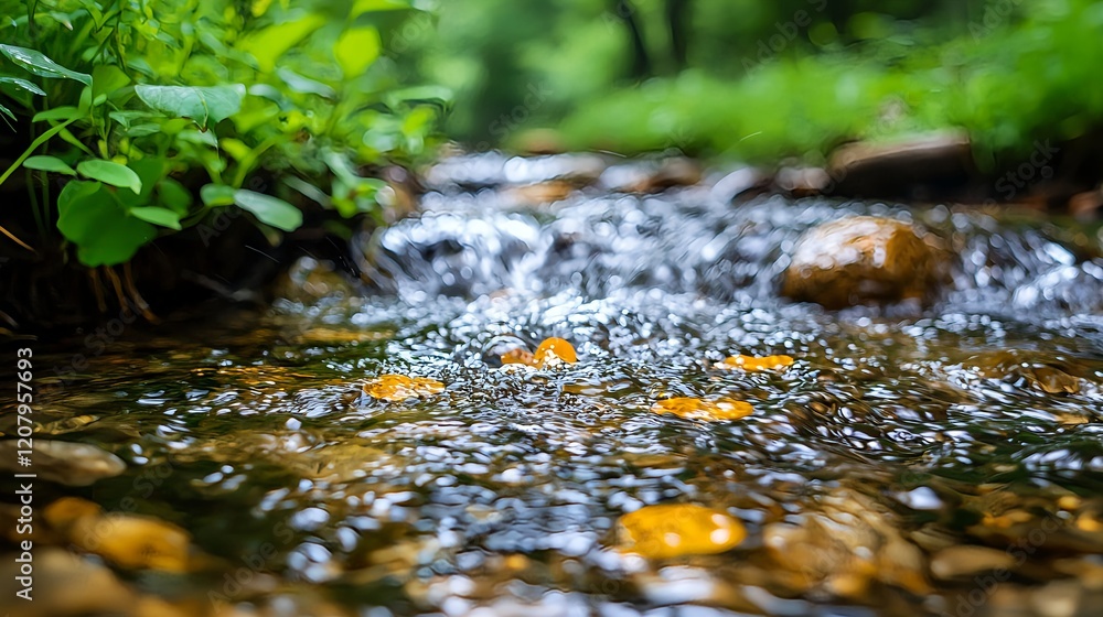 Fototapeta premium Tranquil Stream with Glimmering Water and Colorful Pebbles