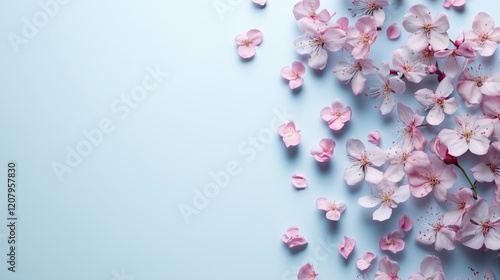 Wallpaper Mural Delicate pink cherry blossoms scattered on soft blue background, evoking gentle spring romance and floral elegance Torontodigital.ca