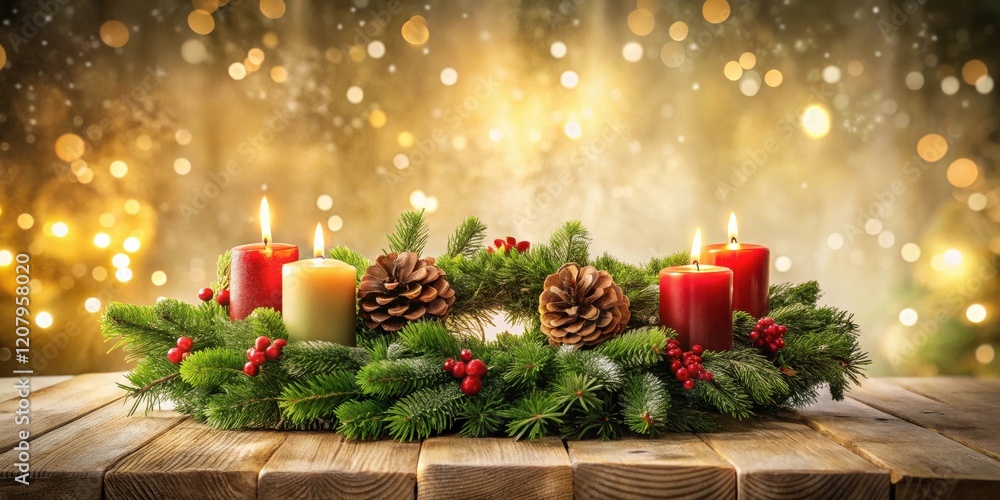 Festive Candles and Evergreen Wreath on Rustic Wooden Tabletop Festive Candles and Evergreen Wreath on Rustic Wooden Tabletop