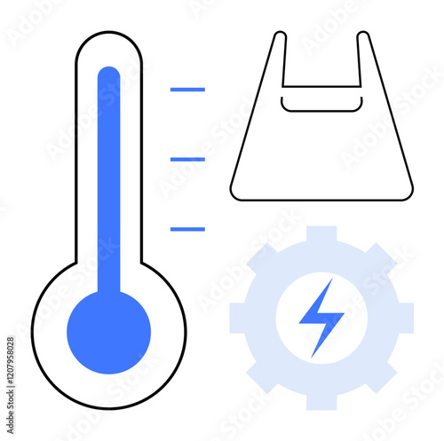 Thermometer, eco-friendly bag, and energy cog wheel with lightning bolt for sustainable development. Ideal for energy efficiency, climate change, environmental conservation, technological