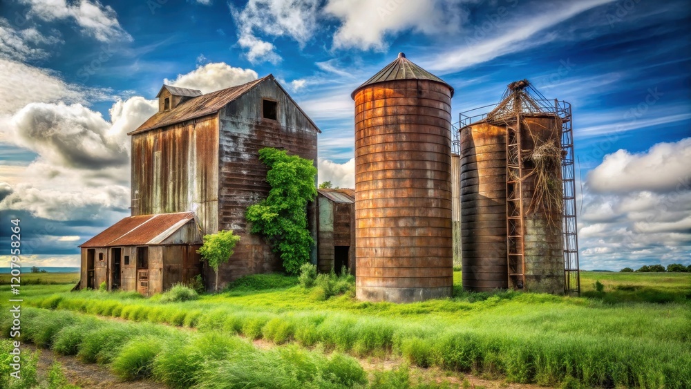Rustic Farm Structures, Weathered Silos and Barns in a Verdant Field Under a Dramatic Sky Rustic Farm Structures, Weathered Silos and Barns in a Verdant Field Under a Dramatic Sky