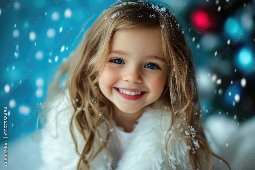 Smiling caucasian female child in snowy winter setting with white fur coat Smiling caucasian female child in snowy winter setting with white fur coat