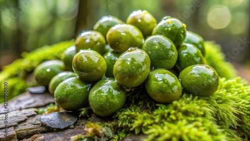 Close-up of a handful of green olives with some slime mold growing on them in a damp forest environment, olive fungus, lichen photo