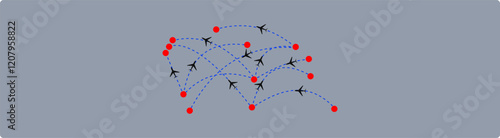 Dotted Direction Paths And Map Pointers Over World Map., Airplanes World Map, Vector illustration 