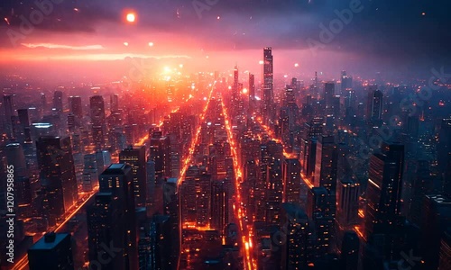 Wallpaper Mural A vibrant city skyline at sunset, illuminated by glowing lights and a dramatic sky. Torontodigital.ca