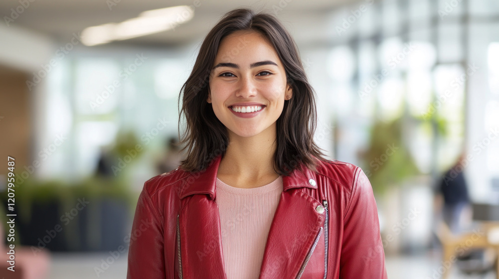 Australian woman in red leather jacket smiling at spacious office building Australian woman in red leather jacket smiling at spacious office building