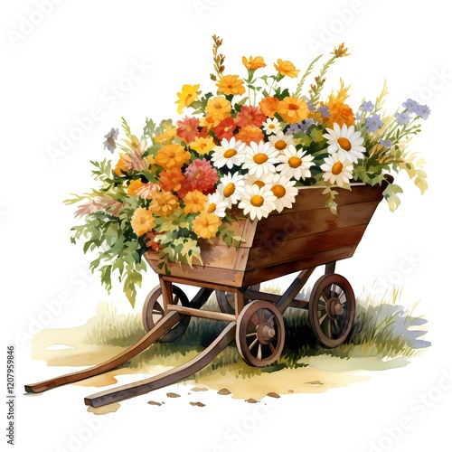 Fototapeta Naklejka Na Ścianę i Meble -  Wheelbarrow with Flowers clipart. Watercolor illustration. Hand-Painted Digital Artwork