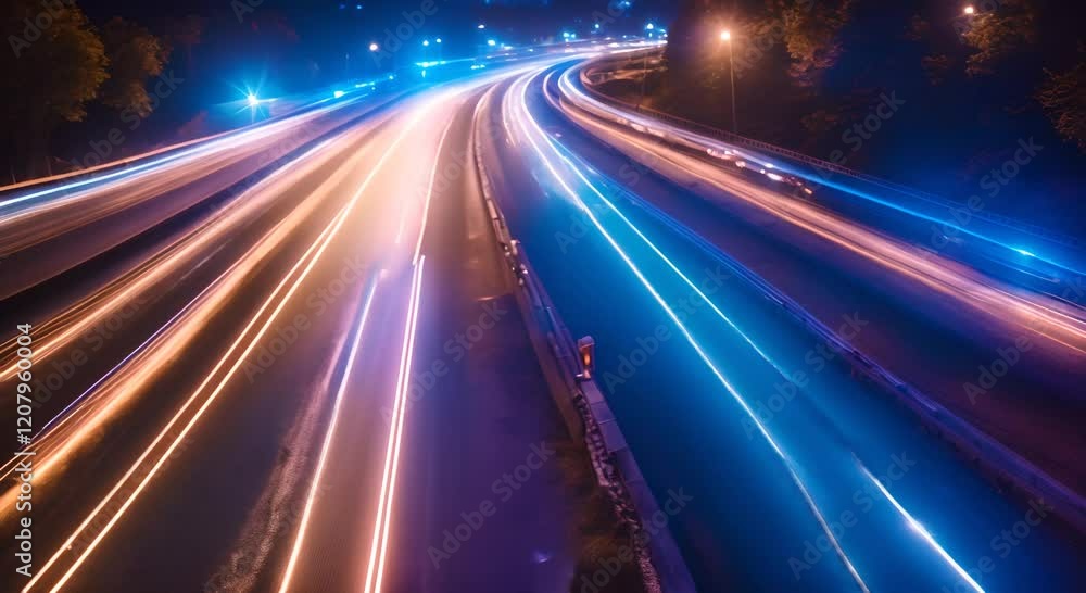 Light trails are speeding across a highway at night with glowing dots on the side creating a futuristic feel of fast internet connection 4K Light trails are speeding across a highway at night with glowing dots on the side creating a futuristic feel of fast internet connection 4K