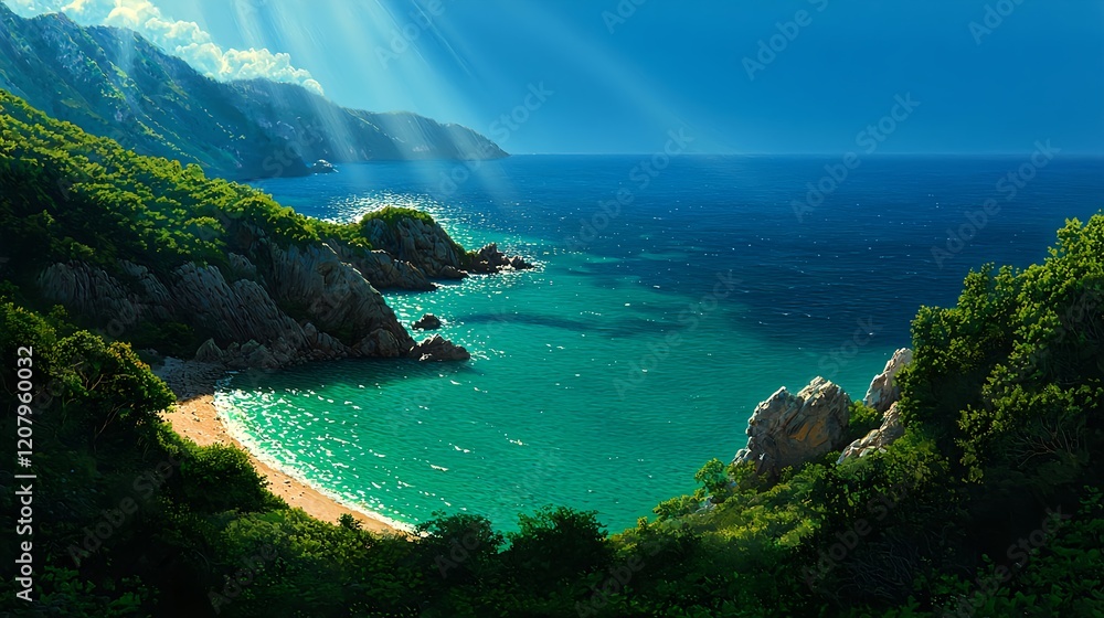 Fototapeta premium Serene Coastal Landscape with Lush Green Hills and Tranquil Waters