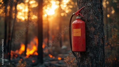Wallpaper Mural Red fire extinguisher mounted on a tree in a forest fire setting Torontodigital.ca