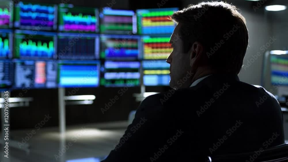 Man in a dimly lit room studying detailed stock price movements on multiple screens, trader, Graphs, 4K Resolution Man in a dimly lit room studying detailed stock price movements on multiple screens, trader, Graphs, 4K Resolution