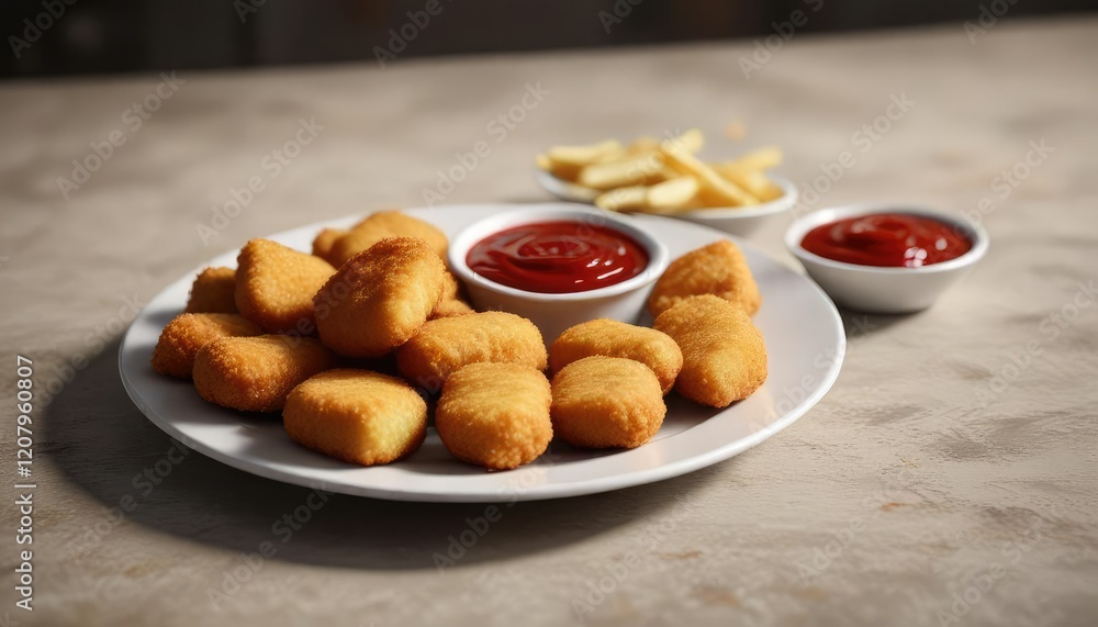 Chicken nugget on a plate with ketchup and mustard dipping sauce, colorful background, comfort food, finger food Chicken nugget on a plate with ketchup and mustard dipping sauce, colorful background, comfort food, finger food