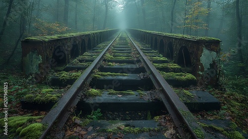 Abandoned moss-covered railway track in a misty forest photo