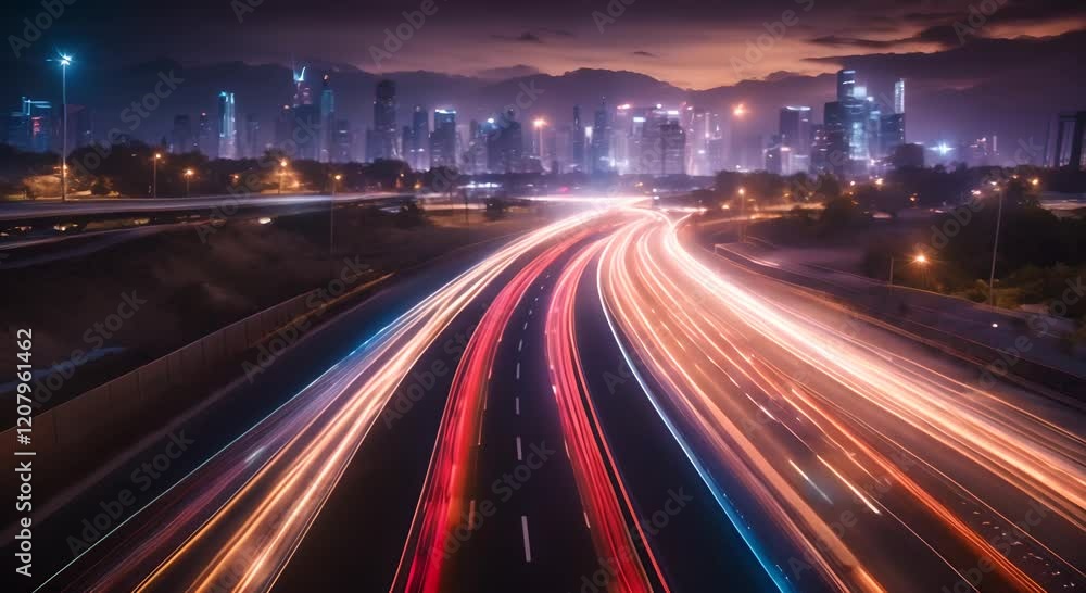 Light trails are speeding across a highway at night with glowing dots on the side creating a futuristic feel of fast internet connection 4K Light trails are speeding across a highway at night with glowing dots on the side creating a futuristic feel of fast internet connection 4K