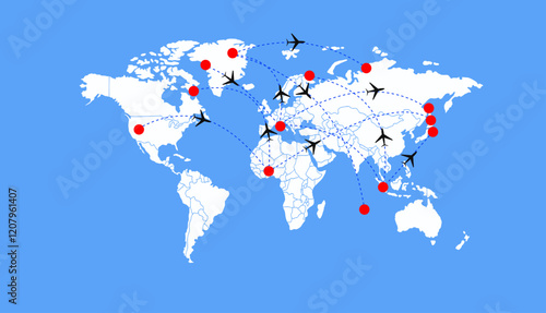 Dotted Direction Paths And Map Pointers Over World Map., Airplanes World Map, Vector illustration 