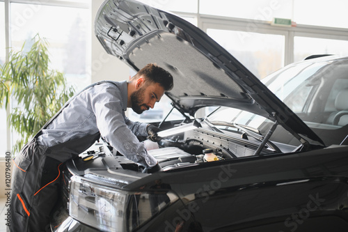 Troubleshooting process. Auto mechanic working in garage. Repair service photo