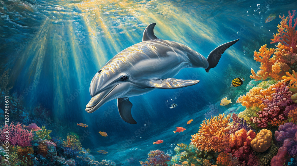 Fototapeta premium Close-up of a single dolphin underwater, Rays of sunlight penetrating the surface