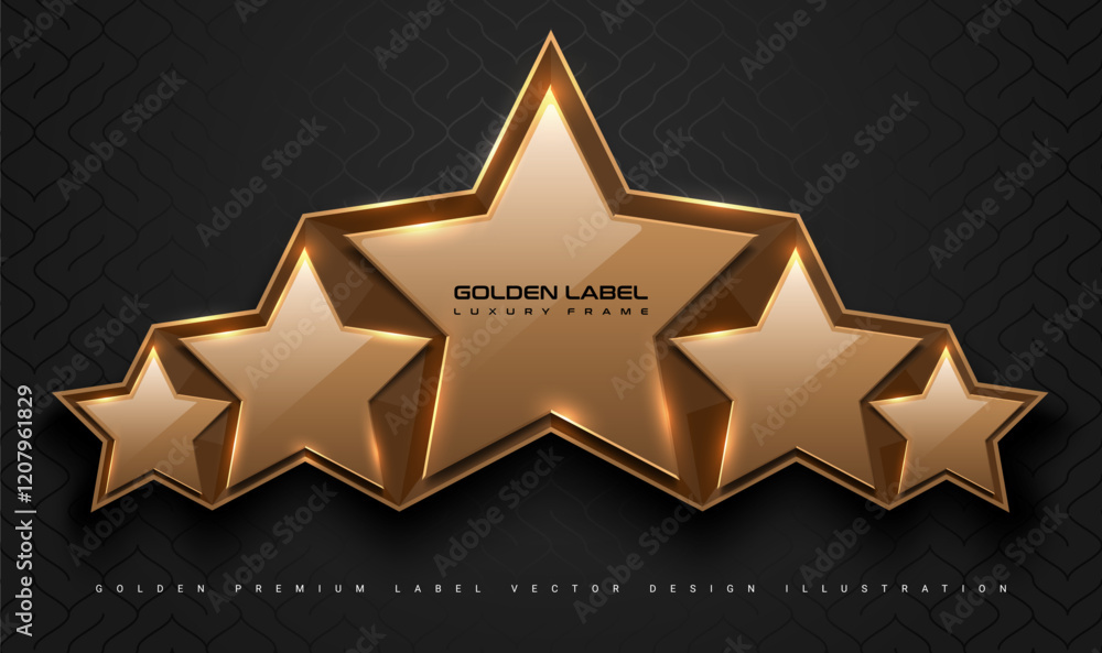 Fototapeta premium Gold glossy 5 star top rank logo badge frame. Luxury polygonal stone sign, golden rim border, black background. Abstract vector premium achievement five star glass icon. Reflection gold light effect