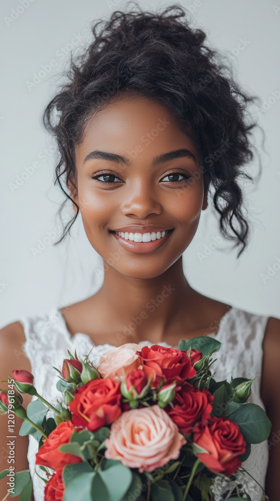Beautiful happy young afro american woman with a beautiful bouquet of flowers on a while background. Valentine's Day, Birthday, Wedding, Mother's Day. mock up. Beautiful happy young afro american woman with a beautiful bouquet of flowers on a while background. Valentine's Day, Birthday, Wedding, Mother's Day. mock up.
