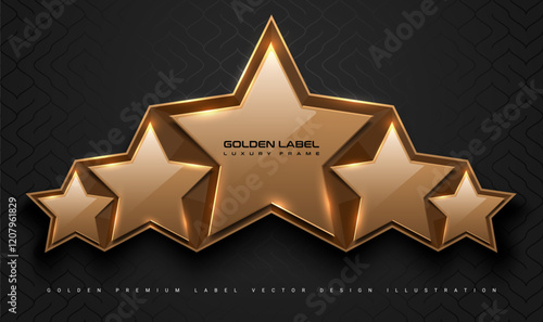 Gold glossy 5 star top rank logo badge frame. Luxury polygonal stone sign, golden rim border, black background. Abstract vector premium achievement five star glass icon. Reflection gold light effect