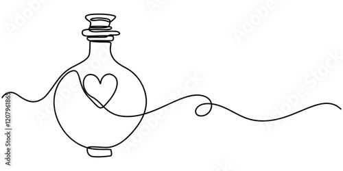valentine bottle continuous one line drawing, Heart shaped glass bottle continuous line drawing. One line art of perfume, eau de toilette, tester, spray, aroma, pheromones, love potion, feelings, pro.