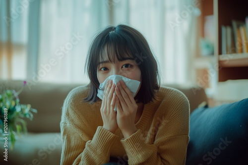 감기 콧물 재채기 한국인 일회용 마스크를 쓴 여성 인물 사람 아이