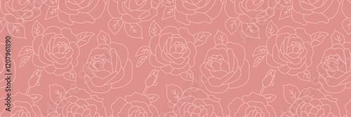A seamless pattern with roses. Outline pink roses background. Pink rose flowers seamless pattern. Floral pink line illustration.