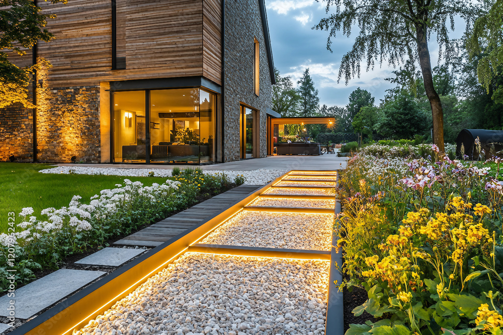 Fototapeta premium Modern house exterior at night with illuminated garden pathway and landscaping generative AI
