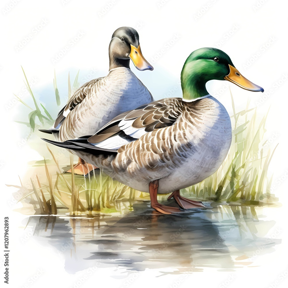 Obraz premium Wildlife Mallard Ducks clipart. AI Watercolor Art illustration. Detailed illustration