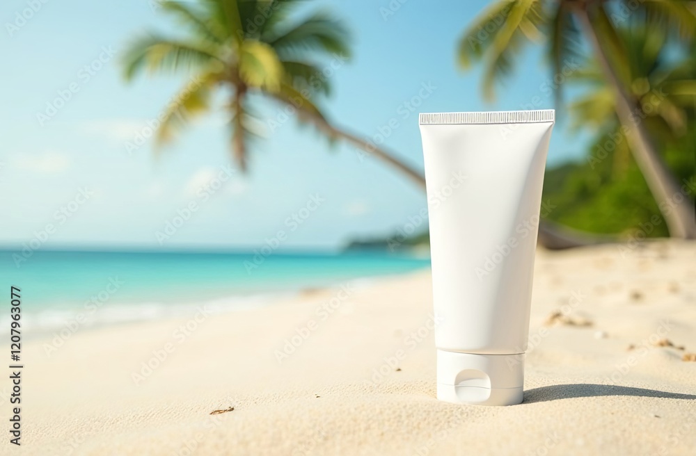white cosmetics cream tube without labels, tube stays on sand , blurred beach with palm trees on background. mockup for your business white cosmetics cream tube without labels, tube stays on sand , blurred beach with palm trees on background. mockup for your business