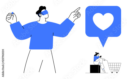 Person in virtual reality headset interacting, large heart icon, online interaction. Small figure sitting with shopping cart, using mobile. Ideal for technology, social media, connection, online