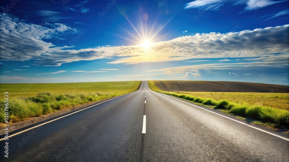 Asphalt road disappearing into the horizon under a bright summer sun, flanked by verdant fields Asphalt road disappearing into the horizon under a bright summer sun, flanked by verdant fields