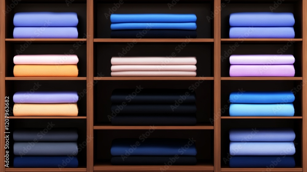 Neatly Stacked Folded Clothing on Wooden Shelves Neatly Stacked Folded Clothing on Wooden Shelves