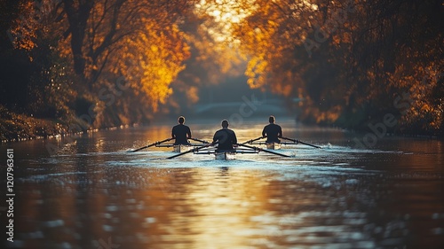 Rowers paddling on a serene river surrounded by autumn trees