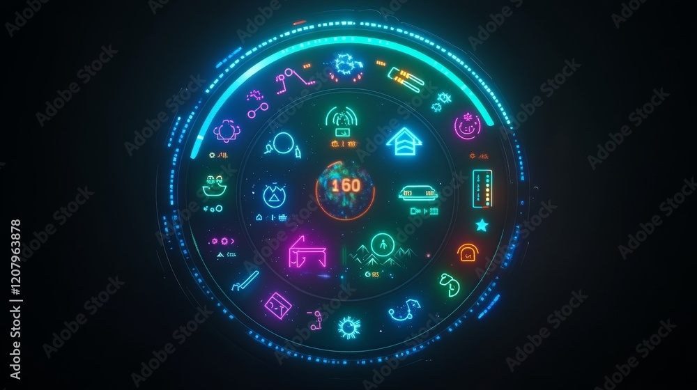 Fototapeta premium Neon Circular Interface with Icons and Data Display