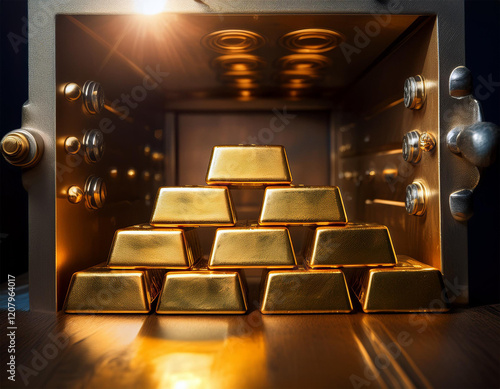 gold bars stacked neatly in a secure vault with soft lighting representing wealth preservation and financial safety photo