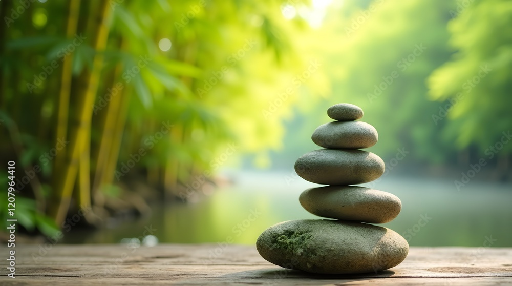 Stack of smooth earthy pebbles with moss on weathered wood. Bamboo and misty riverbank in tranquil bokeh background Stack of smooth earthy pebbles with moss on weathered wood. Bamboo and misty riverbank in tranquil bokeh background