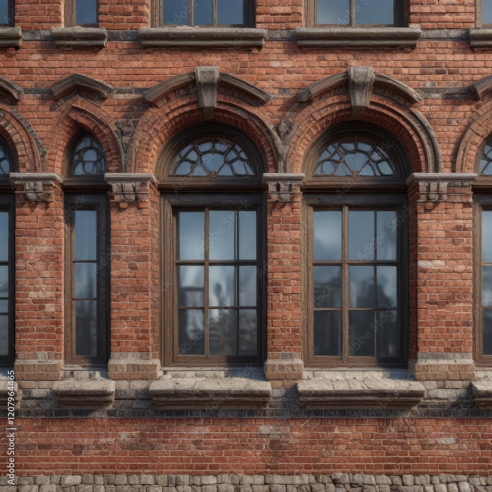 Brick wall with multiple windows and ornate details, decorative, stone carvings Brick wall with multiple windows and ornate details, decorative, stone carvings