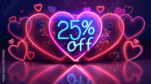 Neon heart-shaped 25% off sale sign with glowing heart decorations