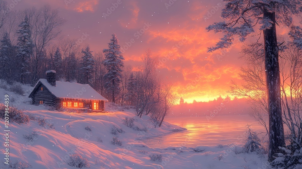 Snow-covered cabin by a glowing lake at sunset in winter Snow-covered cabin by a glowing lake at sunset in winter