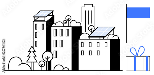 City buildings with solar panels, trees, and greenery, gift box and blue flag. Ideal for sustainability, urban planning, renewable energy, eco-friendly living, environmental awareness modern