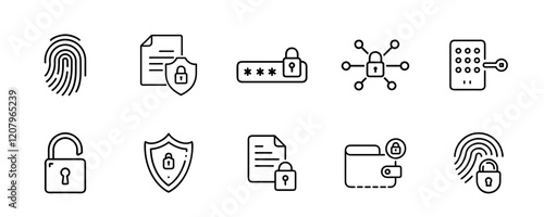 Fingerprint protection, Unlock code and Lock password icons. Locks line icons. Open padlock, Locked document and Network lock. Online wallet, Fingerprint access and info protection. icon set