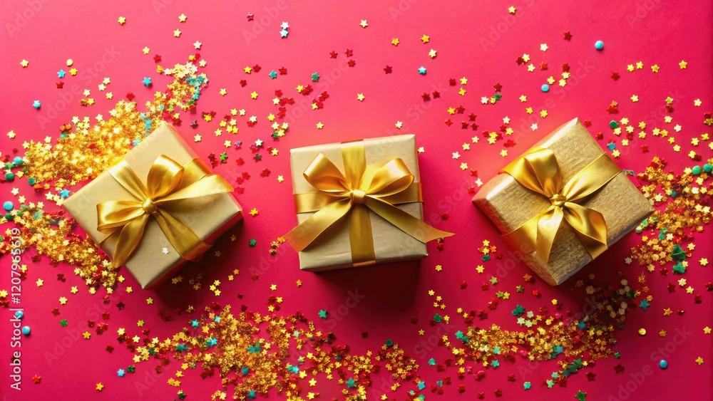 Three gold presents with golden bows nestled amongst vibrant confetti stars on a festive red background. Three gold presents with golden bows nestled amongst vibrant confetti stars on a festive red background.