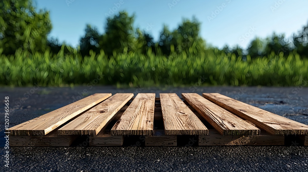 Wooden Pallet on Roadside Surrounded by Lush Greenery in Sunlight Wooden Pallet on Roadside Surrounded by Lush Greenery in Sunlight