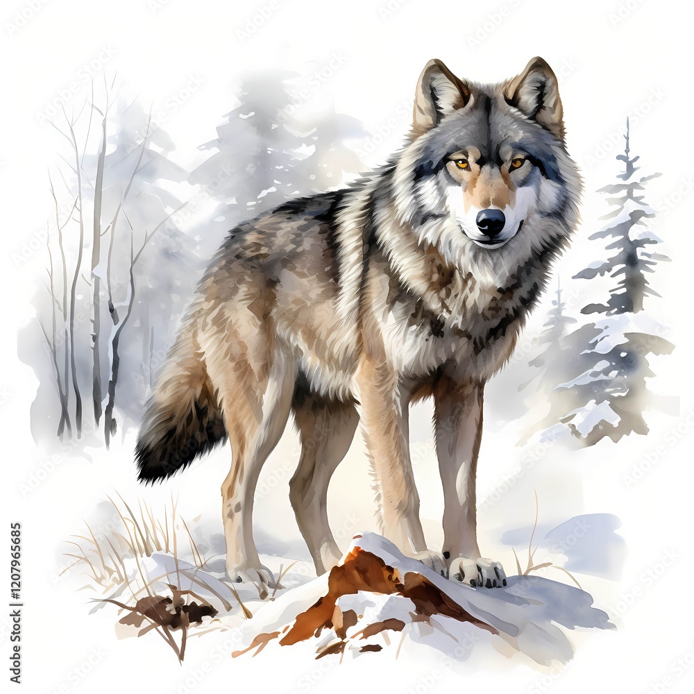 Fototapeta premium Wolf in Winter clipart. Isolated Watercolor Element illustration. Detailed illustration